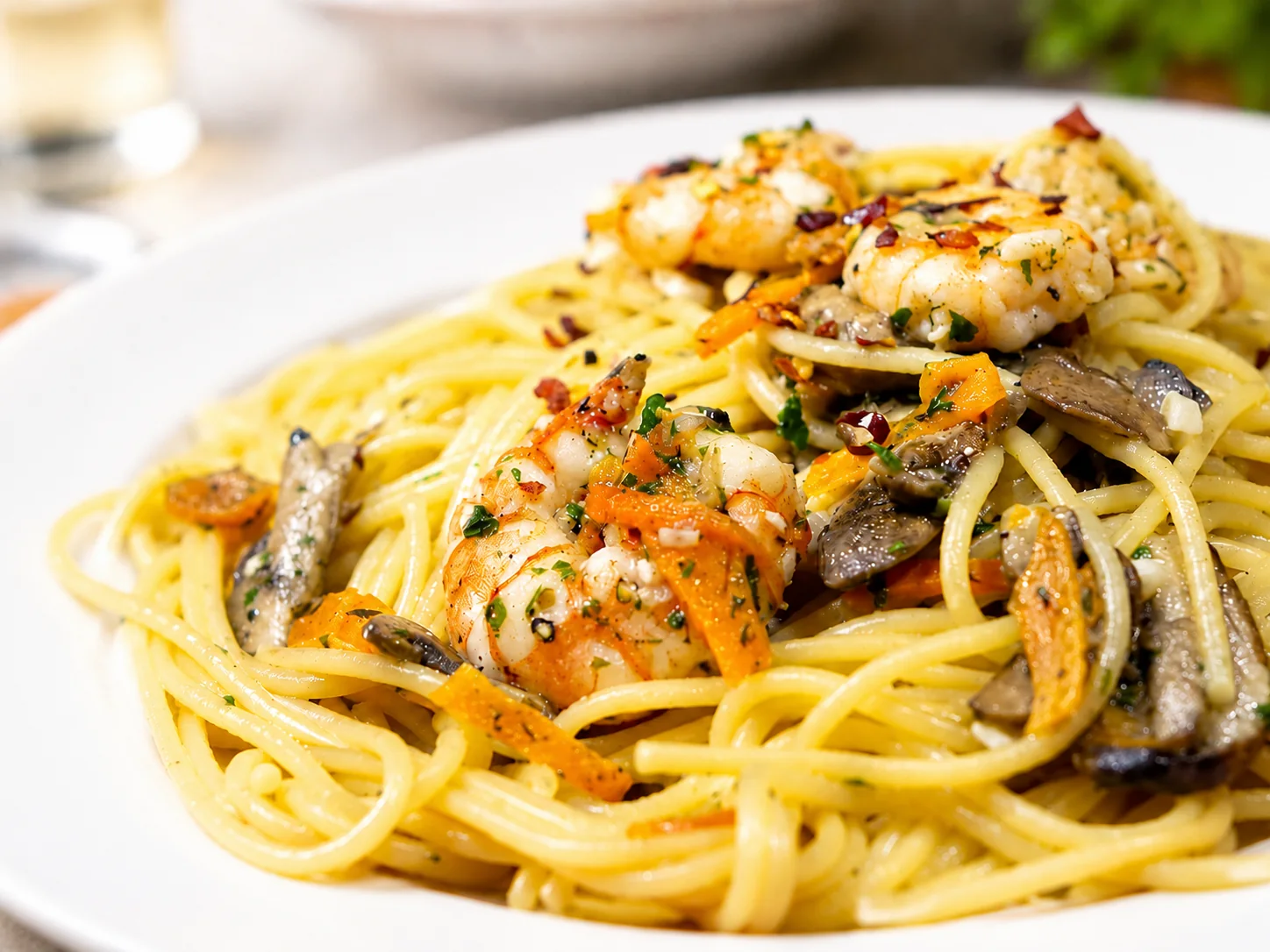 Piatto di spaghetti con gamberi e verdure